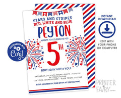 4th of July Birthday Invitation, Stars & Stripes, Editable Template (Instant Download)