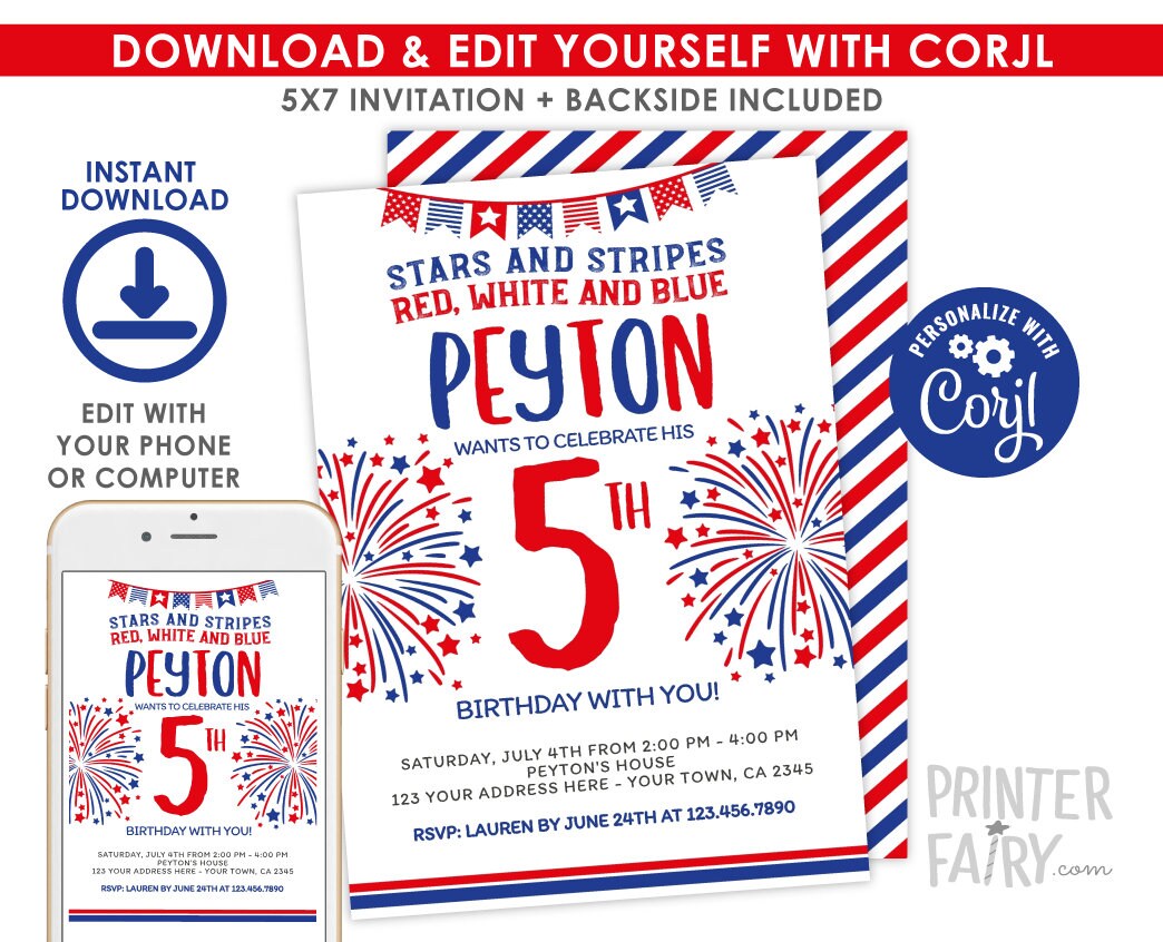 4th of July Birthday Invitation, Stars & Stripes, Editable Template (Instant Download)