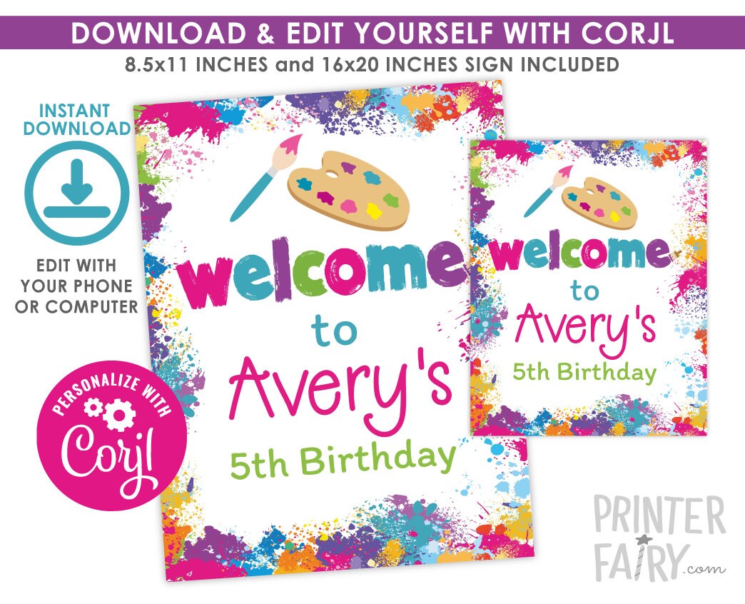 Art Party Welcome Sign, Editable Template (Instant Download)