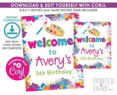 Art Party Welcome Sign, Editable Template (Instant Download)
