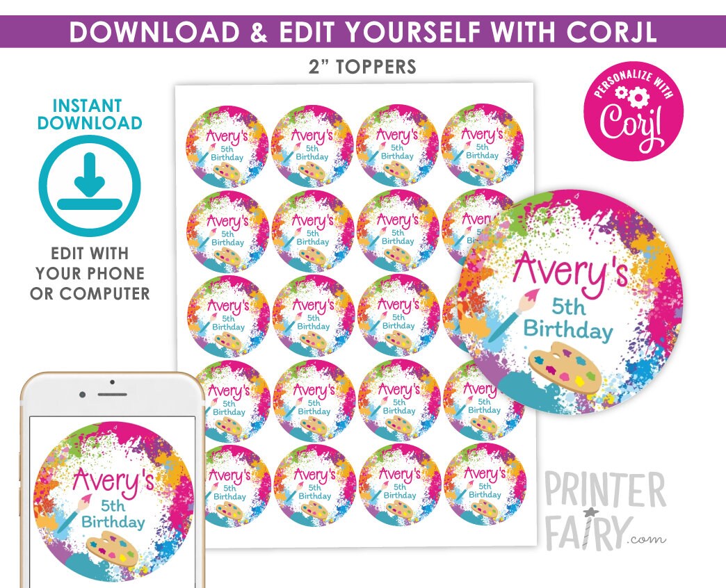 Art Birthday Party Toppers, Editable Round Labels (Digital Download)