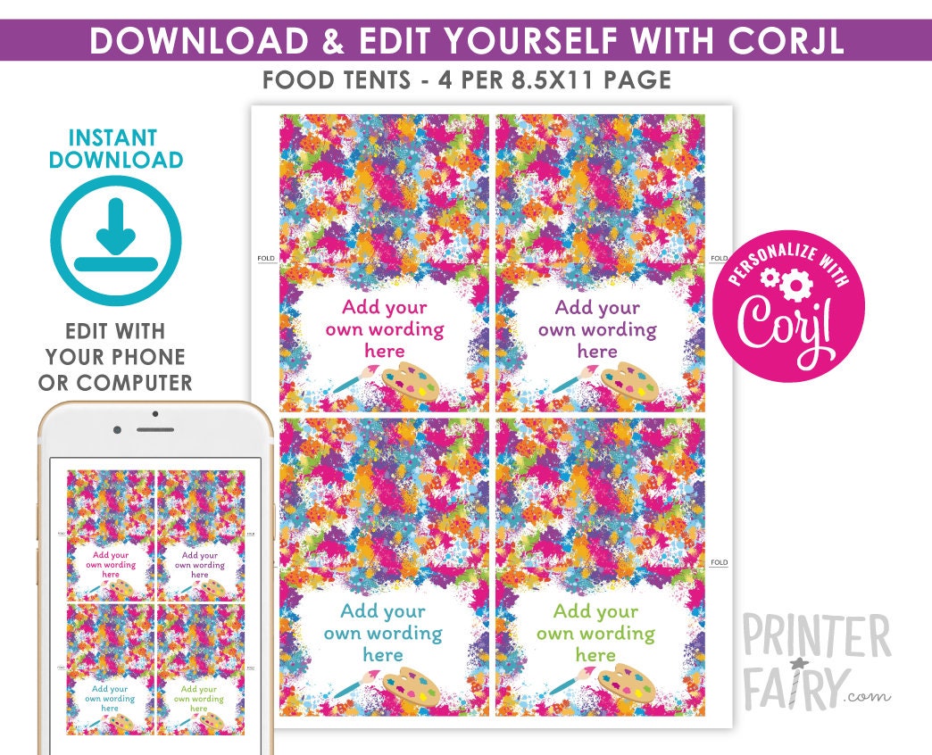 Art Party Food Tent Cards Place Cards, Editable Printable Buffet Labels, Instant Download
