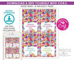 Art Party Food Tent Cards Place Cards, Editable Printable Buffet Labels, Instant Download