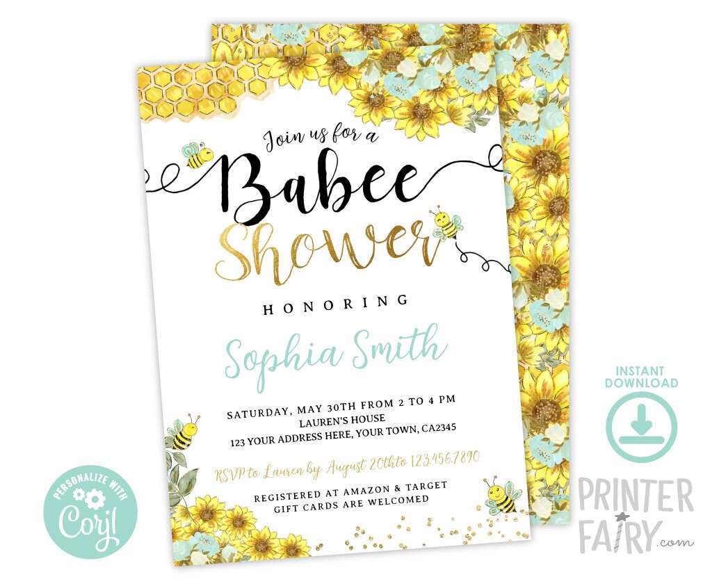 Bee Baby Shower Invitation, Editable Sunflower Invite (Digital)