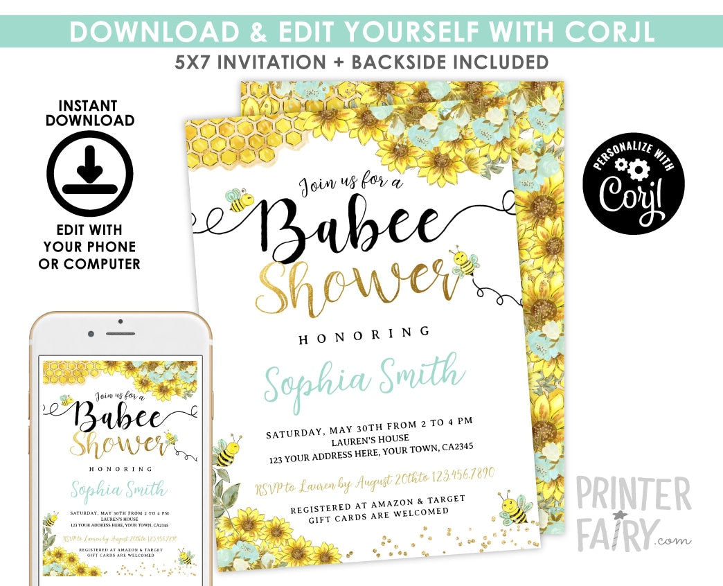 Bee Baby Shower Invitation, Editable Sunflower Invite (Digital)