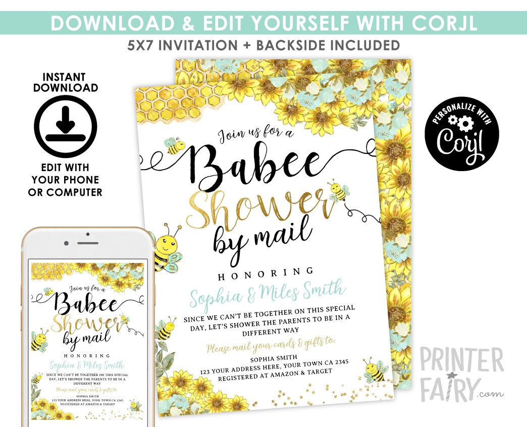 Bee Baby Shower by Mail Invitation, Sunflower Theme (Digital Download)