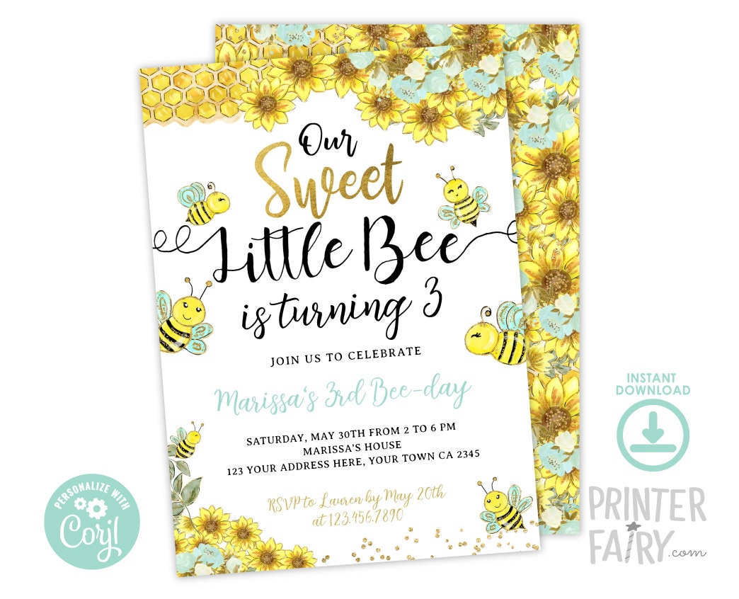 Sunflower Bee Birthday Invitation, Editable Bee-Day Party (Instant Download)
