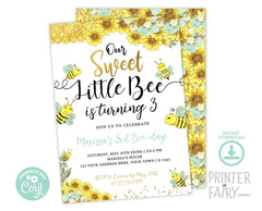 Sunflower Bee Birthday Invitation, Editable Bee-Day Party (Instant Download)