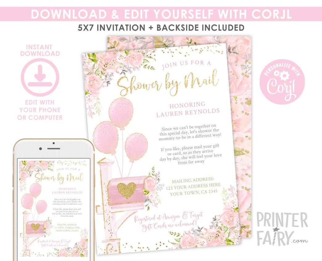 Floral Baby Shower by Mail Invitation, Editable Template (Digital Download)