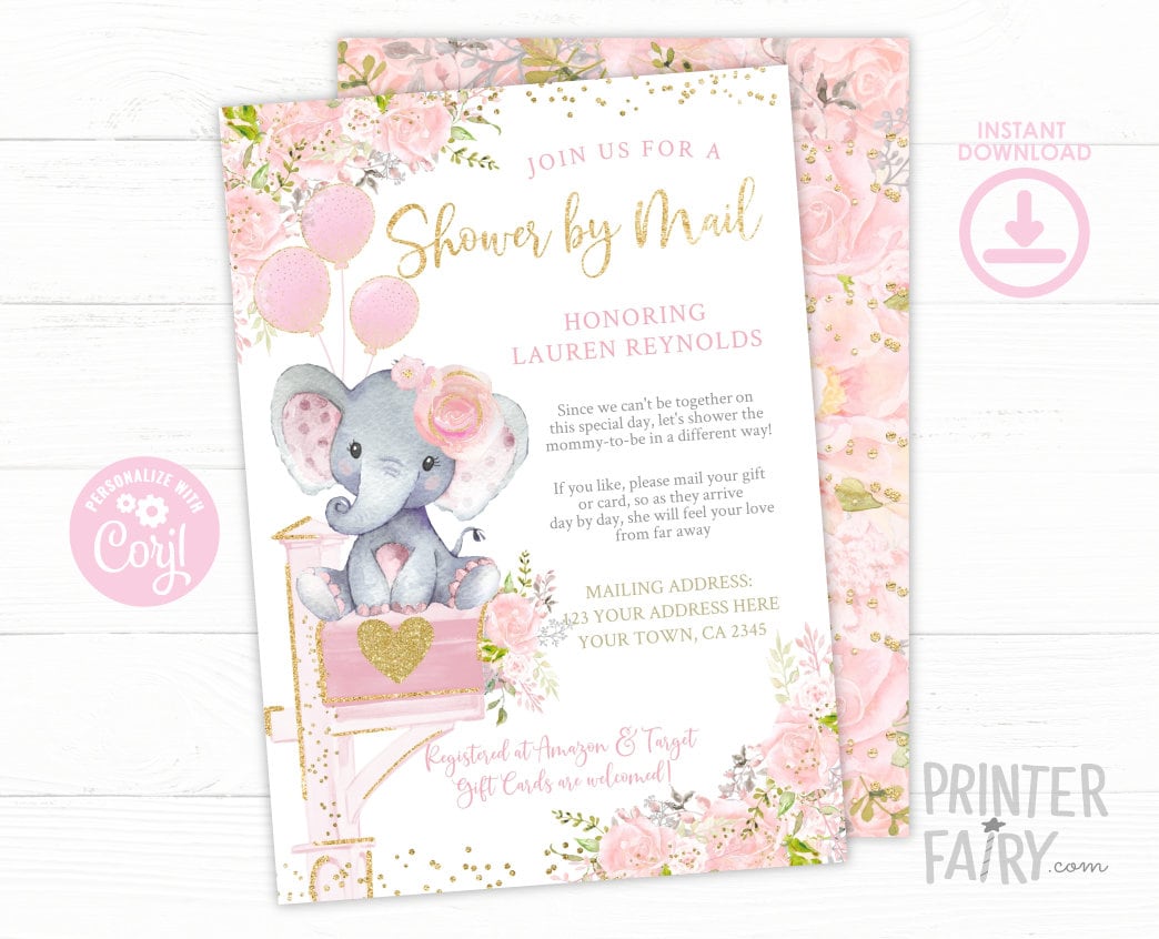 Elephant Baby Shower by Mail Invitation, Editable Template (Digital Download)