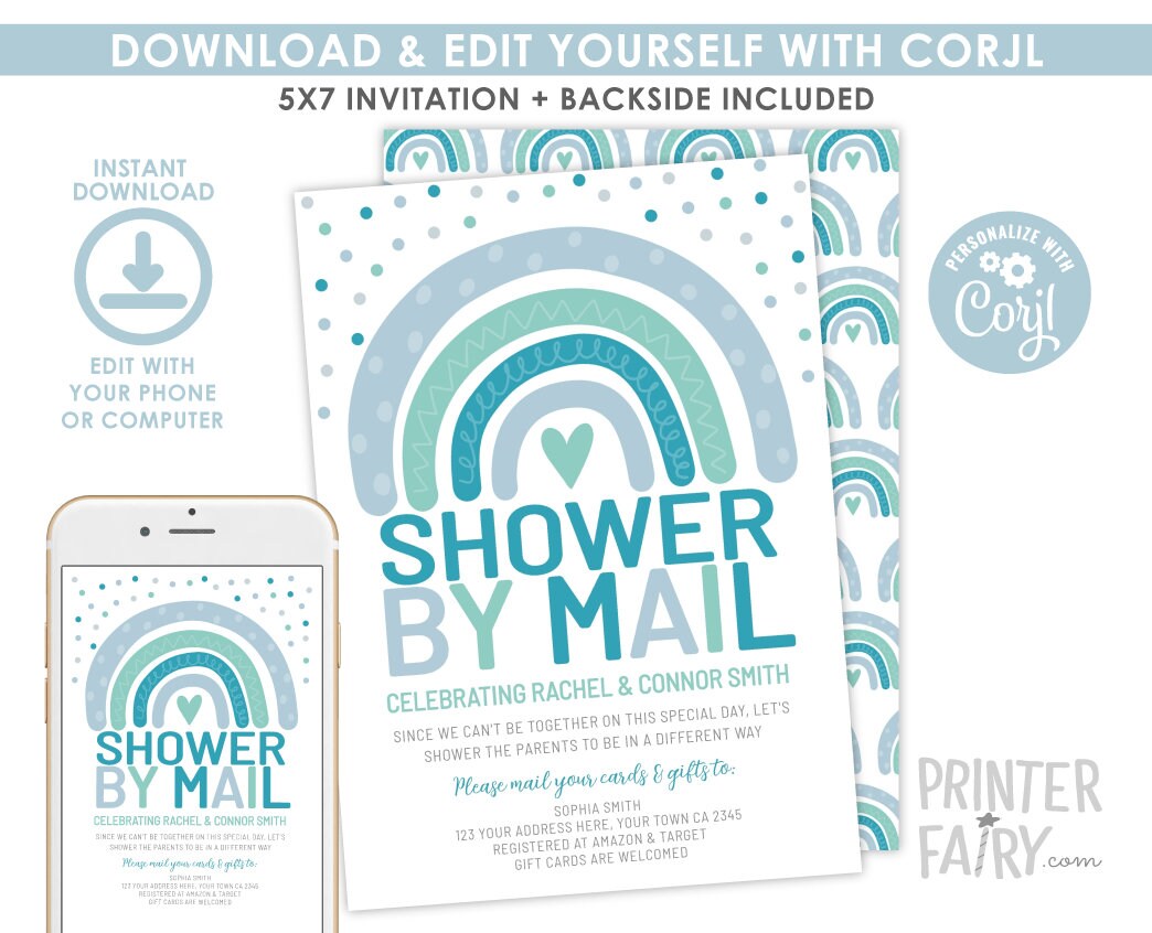 Rainbow Baby Shower by Mail Invitation, Editable Template (Digital Download)