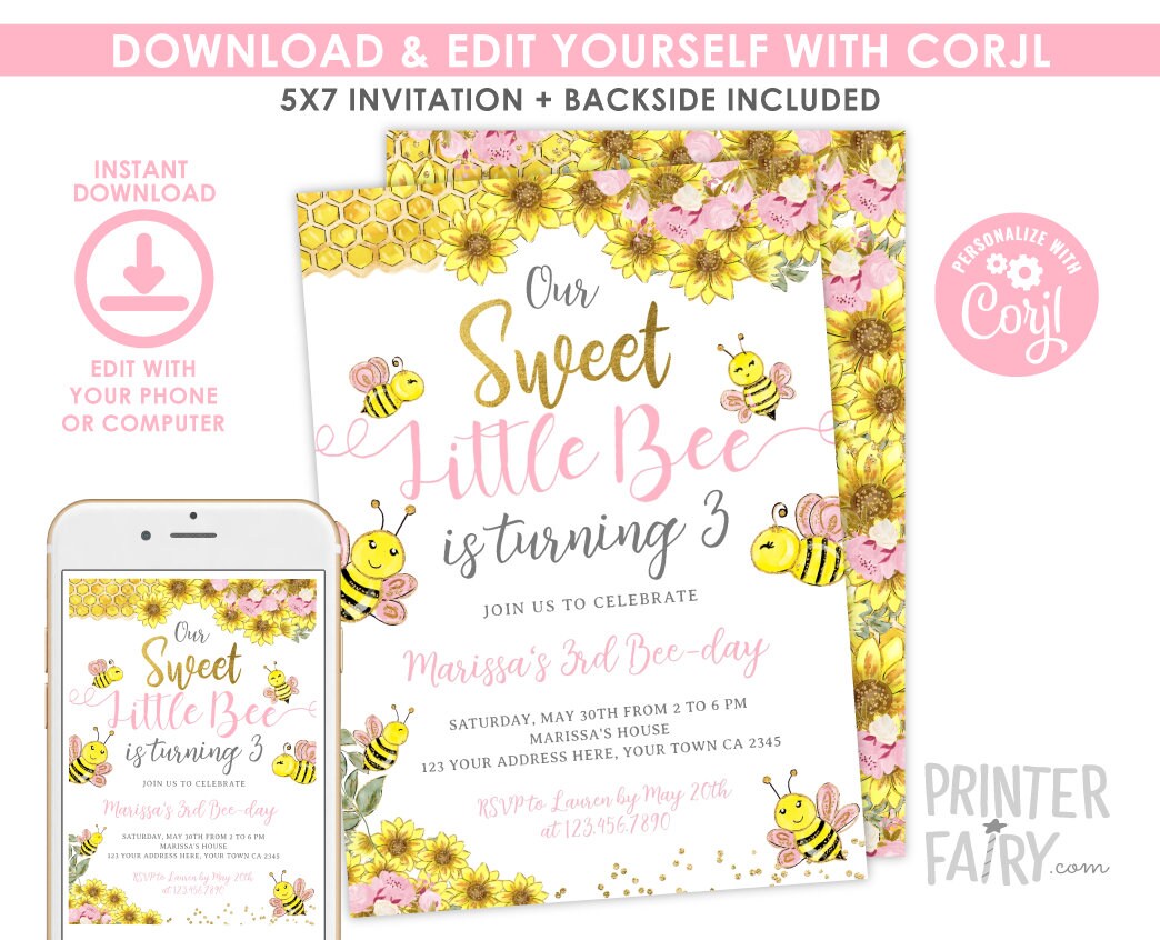 Bee Birthday Invitation, Sunflower Party (Editable, Instant Download)