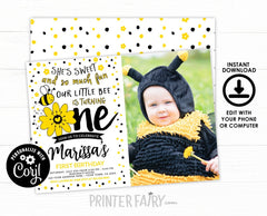 Sunflower Bee Birthday Invitation with photo, Editable Template, INSTANT DOWNLOAD