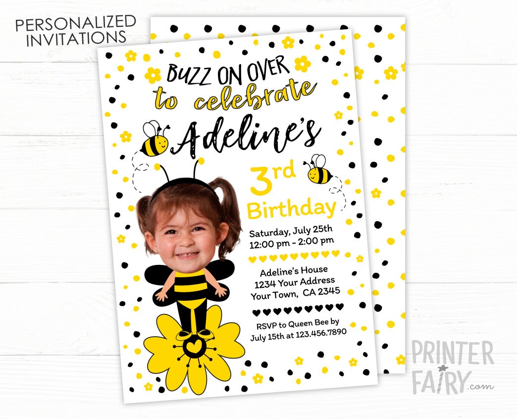 Bee Birthday Party Invitation Personalized with your Photo and Details (Digital or Printable)