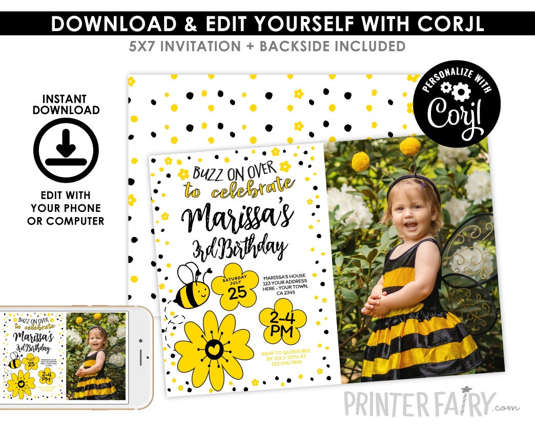 Bee Birthday Invitation with Photo Editable Template for Any Age, Sunflower Party, Instant Download