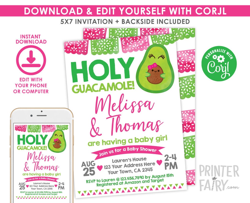 Holy Guacamole Baby Shower Invitation, Fiesta Avocado Theme (INSTANT DOWNLOAD)