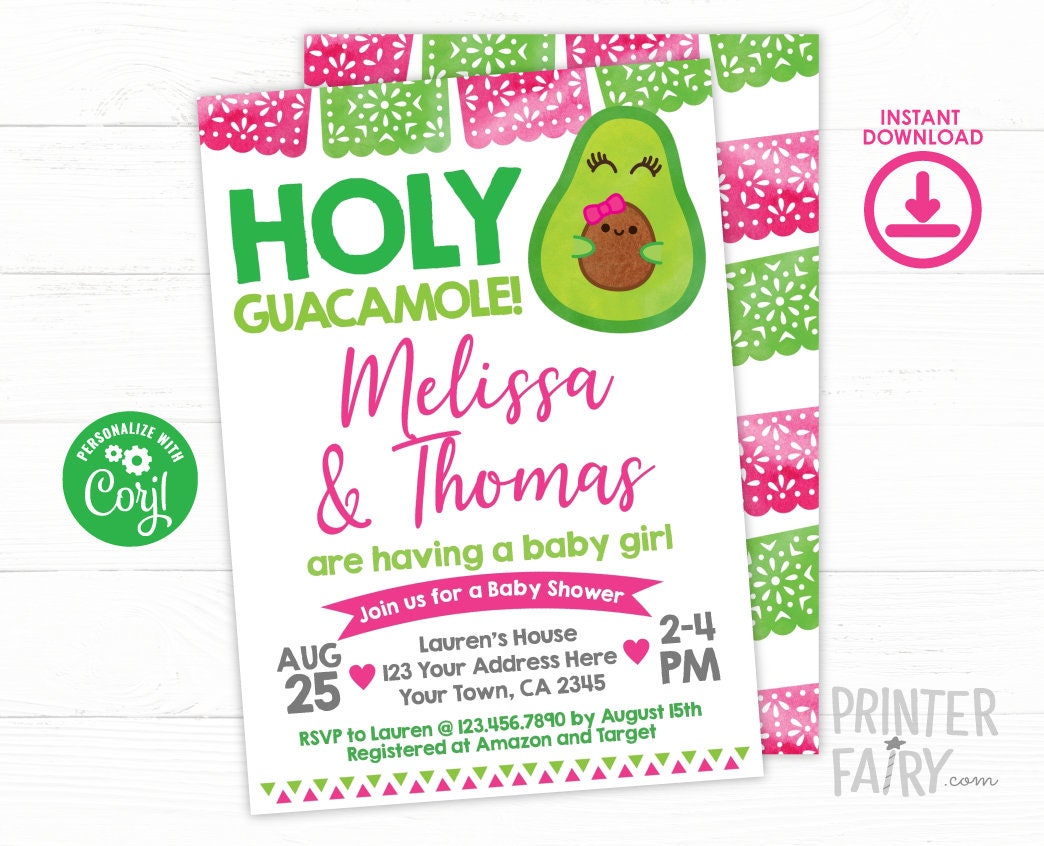 Holy Guacamole Baby Shower Invitation, Fiesta Avocado Theme (INSTANT DOWNLOAD)