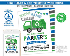 Trash Truck Birthday Invitation Editable Template, Recycle Party (INSTANT DOWNLOAD)
