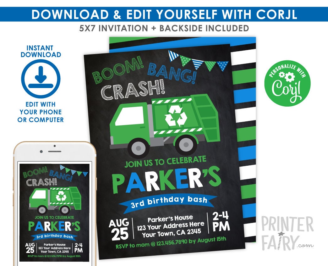 Editable Trash Truck Invitation Template, Garbage Truck Party, Instant Download