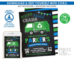 Editable Trash Truck Invitation Template, Garbage Truck Party, Instant Download