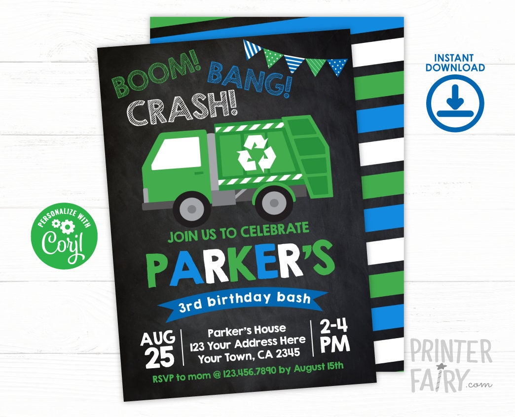 Editable Trash Truck Invitation Template, Garbage Truck Party, Instant Download