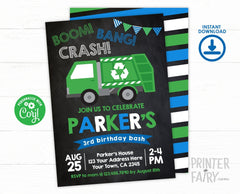 Editable Trash Truck Invitation Template, Garbage Truck Party, Instant Download