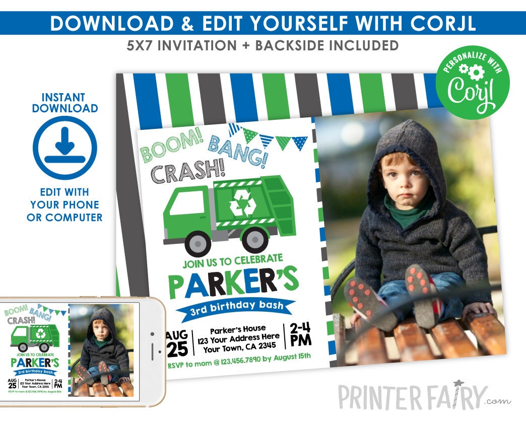 Trash Truck Birthday Invitation Editable Template with Photo (Instant Download)