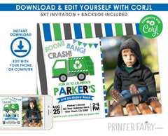 Trash Truck Birthday Invitation Editable Template with Photo (Instant Download)