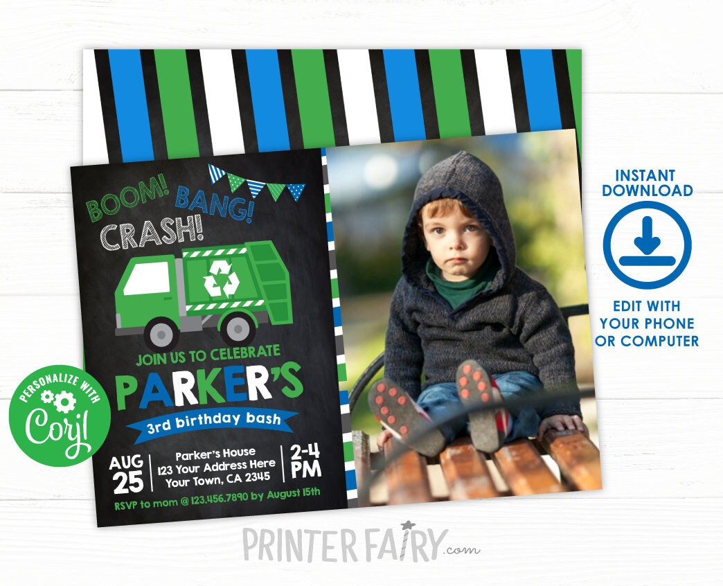 Trash Truck Birthday Invitation with photo Editable Template, Instant Download