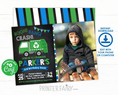 Trash Truck Birthday Invitation with photo Editable Template, Instant Download