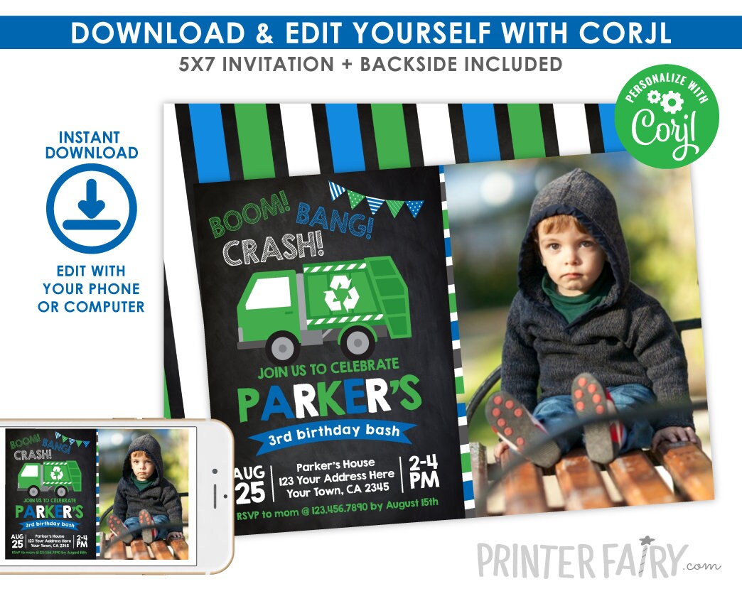 Trash Truck Birthday Invitation with photo Editable Template, Instant Download