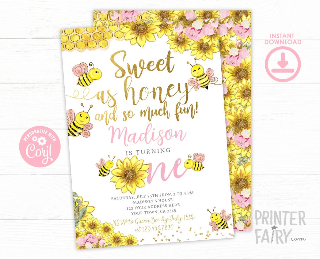 Sunflower Bee 1st Birthday Invitation, Editable Beeday (Instant Download)