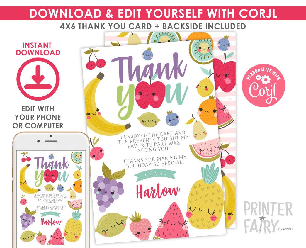 Editable Fruit Thank You Cards, Tutti Frutti Summer Birthday (Instant Download)