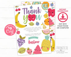 Editable Fruit Thank You Cards, Tutti Frutti Summer Birthday (Instant Download)