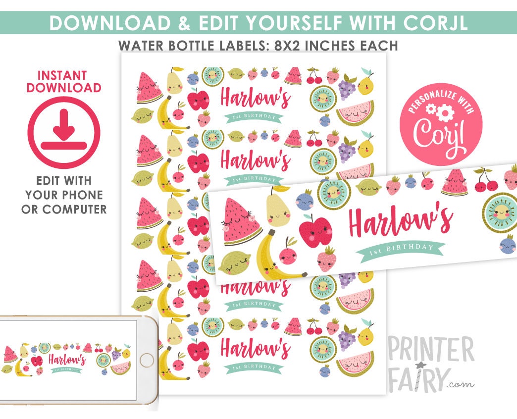 Tutti Frutti Water Bottle Label Editable Template, Fruit Birthday Party Decor (Instant Download)