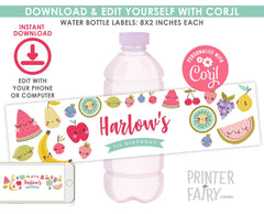Tutti Frutti Water Bottle Label Editable Template, Fruit Birthday Party Decor (Instant Download)