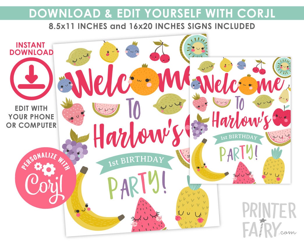 Tutti Frutti Welcome Sign, Editable Birthday Party Decor (Digital Download)