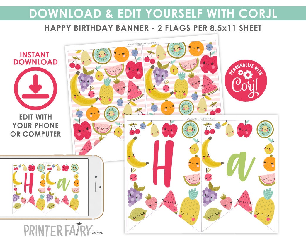Fruit Birthday Banner, Tutti Frutti Party Decorations (Editable, Instant Download)
