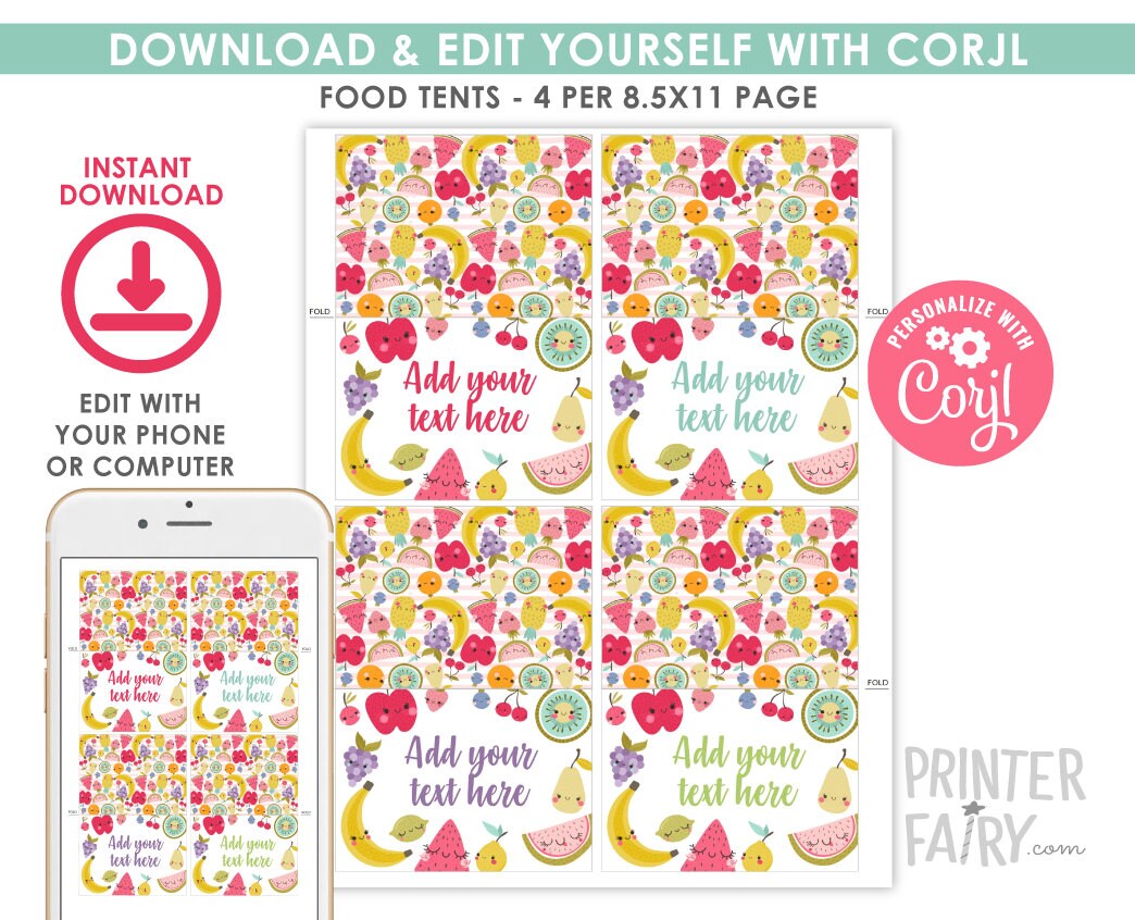 Tutti Frutti Food Tents, Editable Summer Birthday Party Signs (Digital Download)