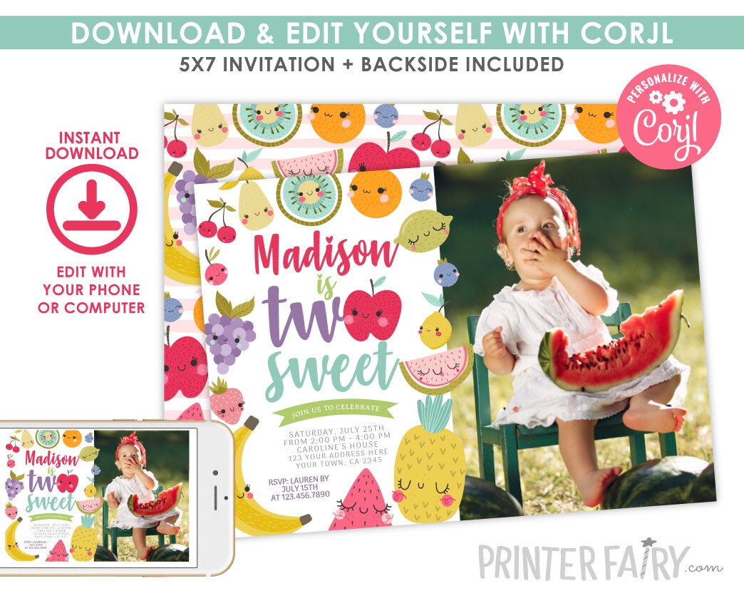 Tutti Frutti 2nd Birthday Invitation with Photo Editable Template Summer Party (Digital Download)