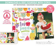 Tutti Frutti 2nd Birthday Invitation with Photo Editable Template Summer Party (Digital Download)