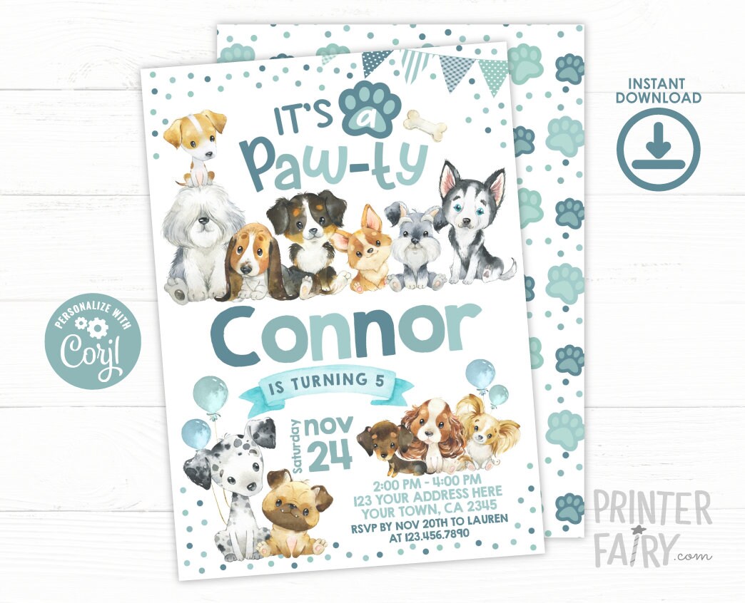 Puppy Birthday Pawty Invitation, Dog Pet Adoption (INSTANT DOWNLOAD)