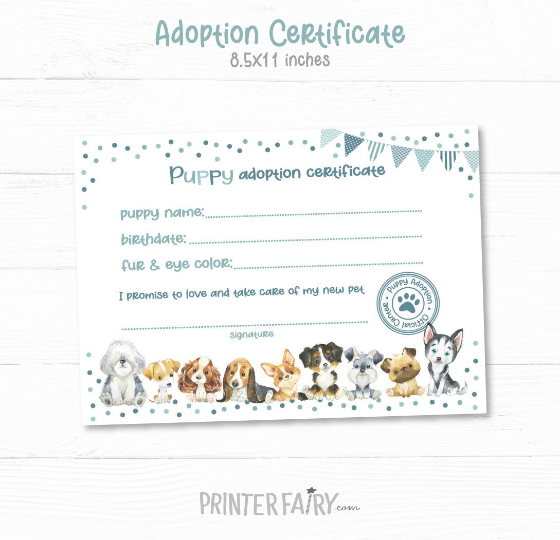 Puppy Adoption Party Sign Certificate (Instant Download)