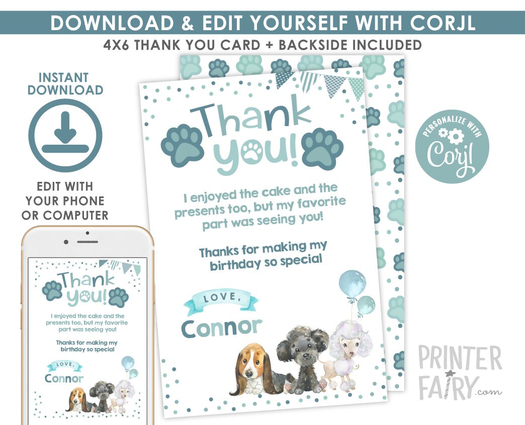 Puppy Thank You Cards, Dog Birthday Party Notes (Instant Download)
