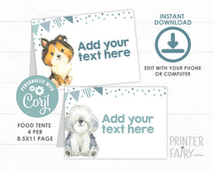 Puppy Food Cards, Dog Birthday Decorations, Pet Adoption Party Tents (Instant Download)