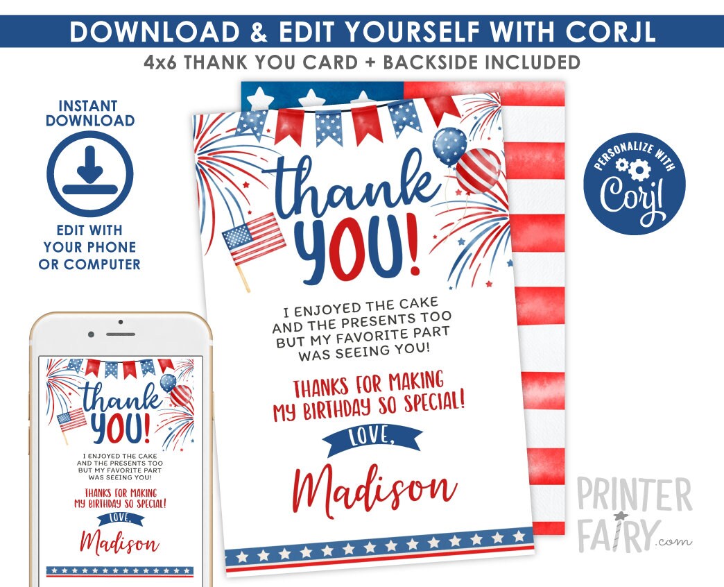 4th of July Thank You Card, Firecracker Party Invite (Instant Download)