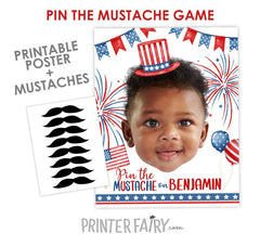 Personalized 4th of July Pin the Mustache Game, Photo Party Activity (Digital Printable)