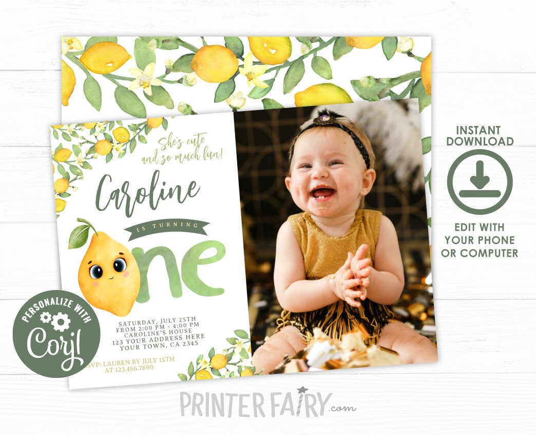 Lemon First Birthday Invitation, Editable Citrus Party (Instant Download)
