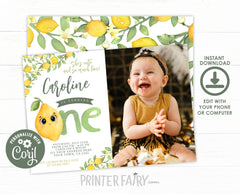 Lemon First Birthday Invitation, Editable Citrus Party (Instant Download)