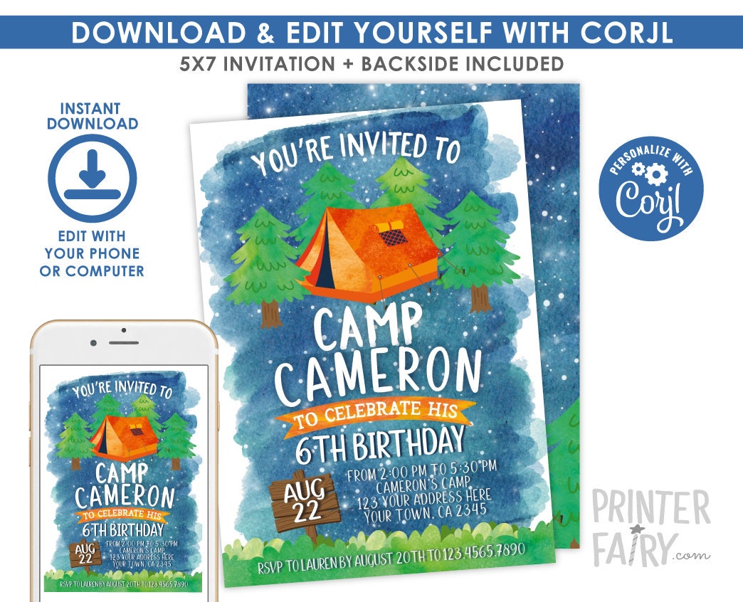 Camping Birthday Invitation Editable Template (Instant Download)